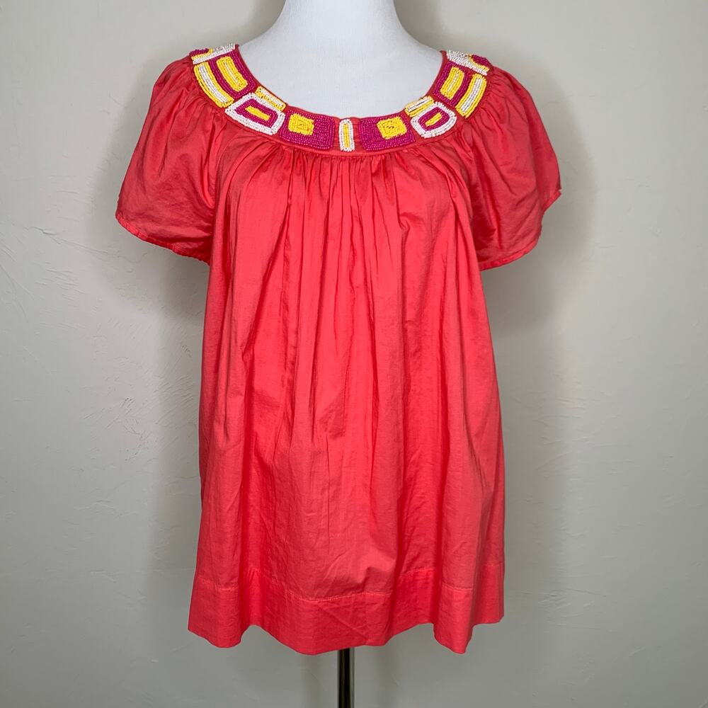 Charter Club Beaded Boho Top Cotton Coral Pink Yellow Sz 8P